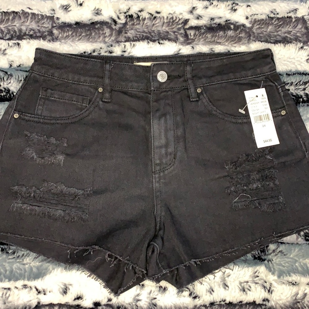 Distressed black denim shorts